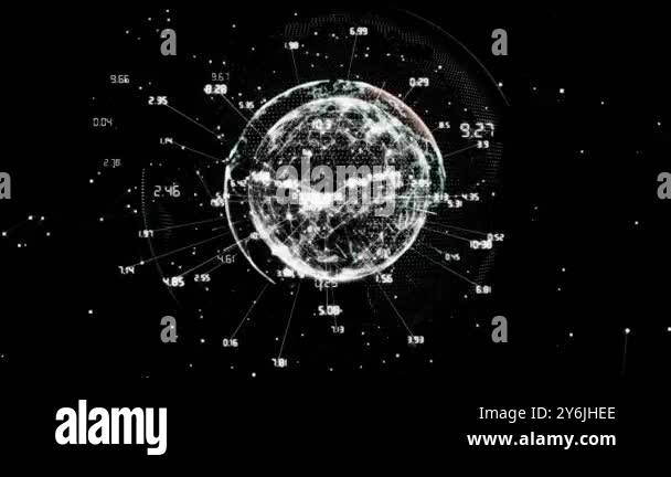 Rotating globe with data points and numbers, global network animation ...