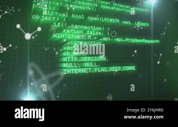 Programming code and mathematical formulas animation over green digital ...