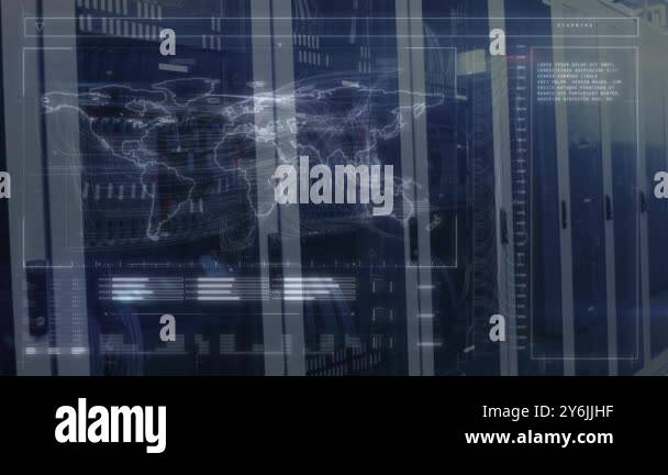 World map and data analysis animation over server racks in data center ...
