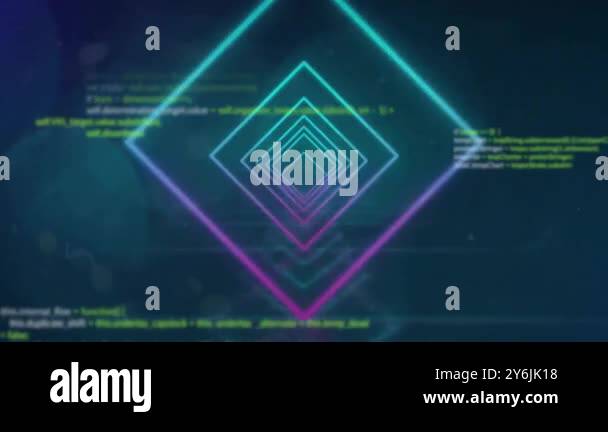 Programming code and geometric shapes animation over dark background ...