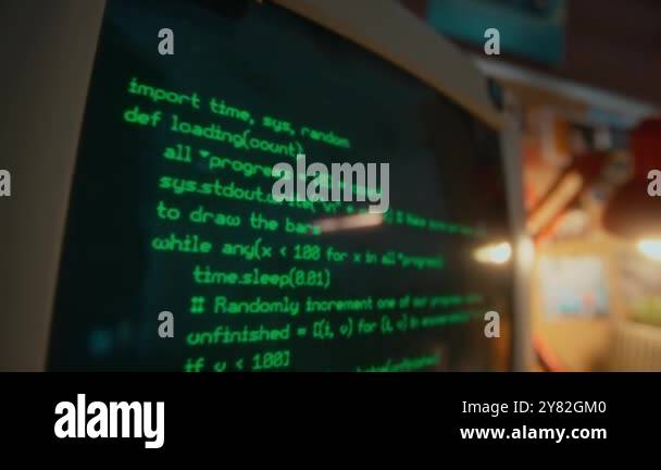 No people close-up of green programming code running autonomously on ...