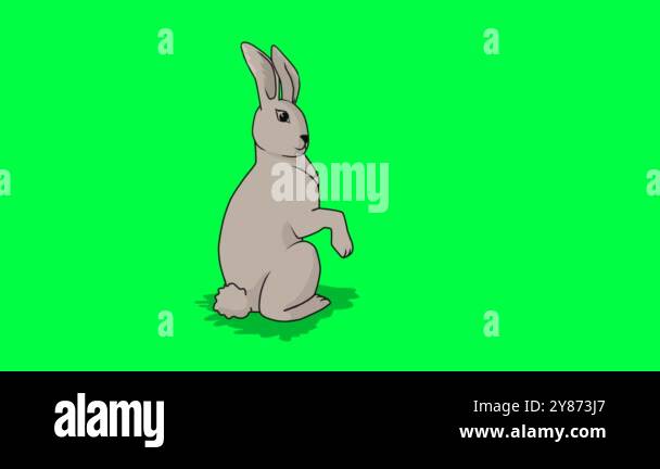 2D animated rabbit character is grazing and gets up and looks in green ...