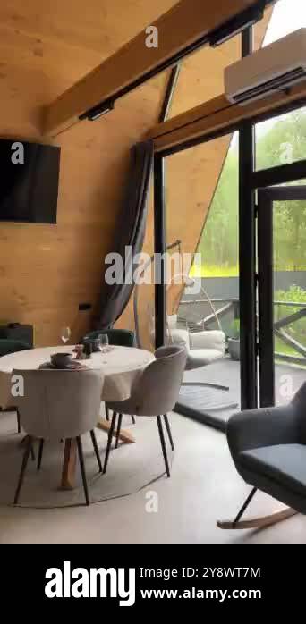 A-frame House. Modern new frame country house. The interior of the ...