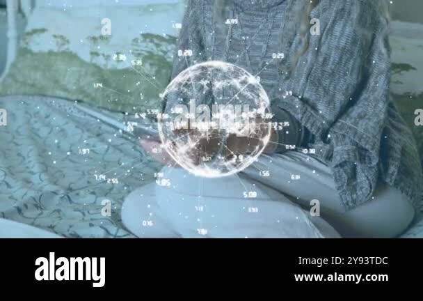 Holding tablet, woman with globe and data points animation over her ...