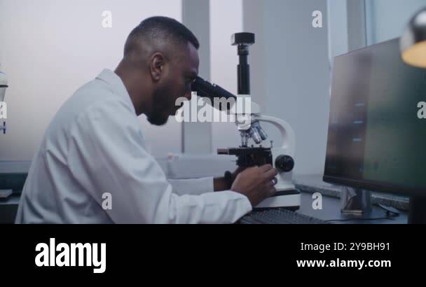Medical science laboratory: African American microbiologist looks under ...