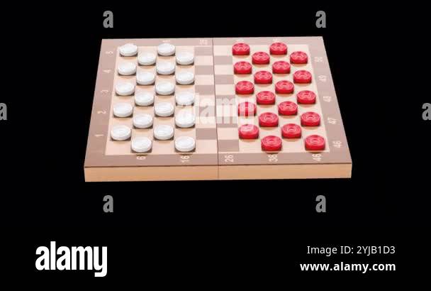 International checkers game board with white and red pieces, rotation ...