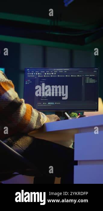 Vertical Video African american worker at desk using personal computer ...