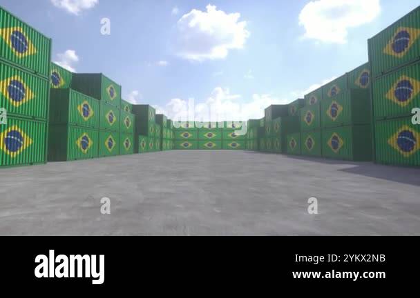 Brazil flag containers are located at the container terminal. Brazil ...