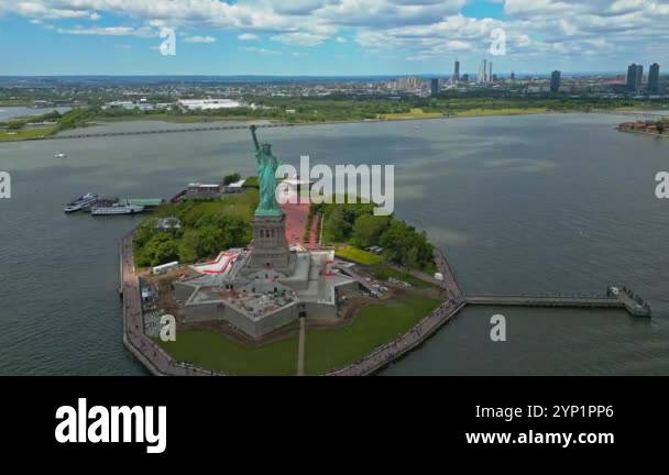 Panoramic aerial view Statue of Liberty in New York City, NY, USA. The ...