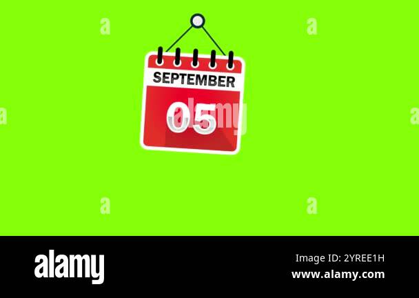 Calendar September Animation September 05 Calendar Sign on green screen background, chroma key ...