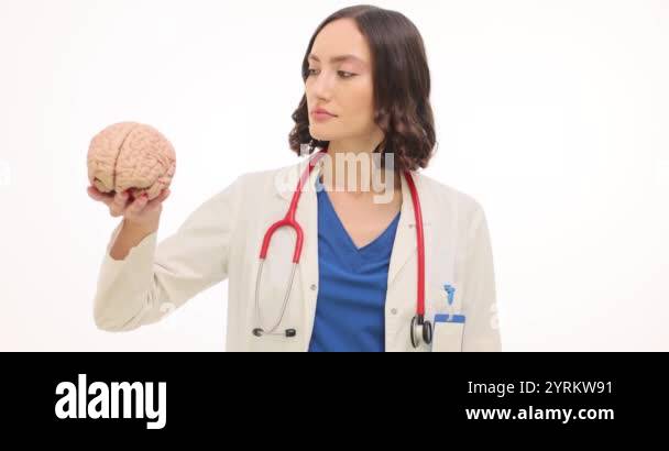 Woman doctor demonstrates human brain and heart models on white ...