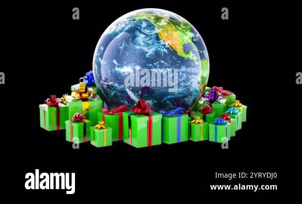 Green gift boxes with Earth Globe rotation animation, seamlessly ...