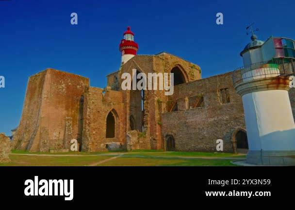 Pointe Saint Mathieu lighthouse and abbey ruins, Finistere, Brittany ...