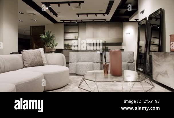View of Stylish and modern minimalist living room featuring an open ... - Alamy