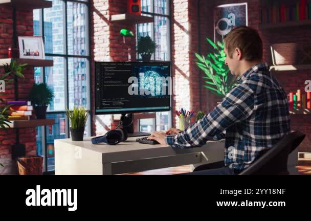 Admin using computer in home office for artificial intelligence ...