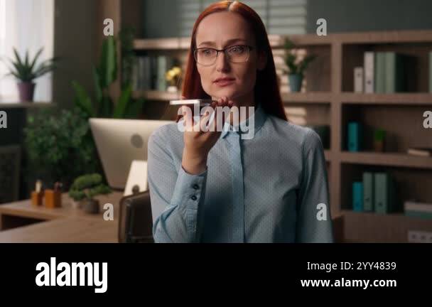 Business woman Caucasian girl talk loudspeaker mobile phone ...