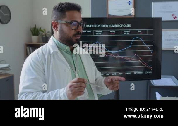 Doctor pointing at screen and presenting data trends on medical cases ...