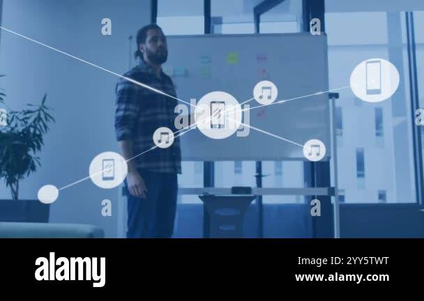 Music notes and smartphone icons animation over business meeting in ...