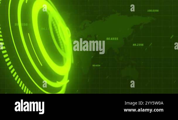 Rotating green digital rings and numerical data animation over world ...