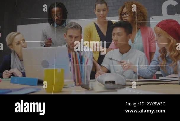 Analyzing data charts animation over diverse team collaborating in ...