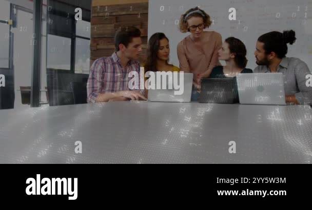 Binary code and data processing animation over diverse business team ...