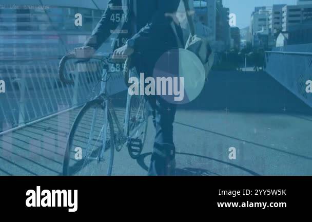 Businessman walking with bicycle, data analytics animation over ...