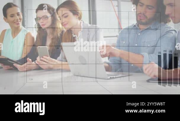 Business data charts animation over diverse team working on laptops and ...