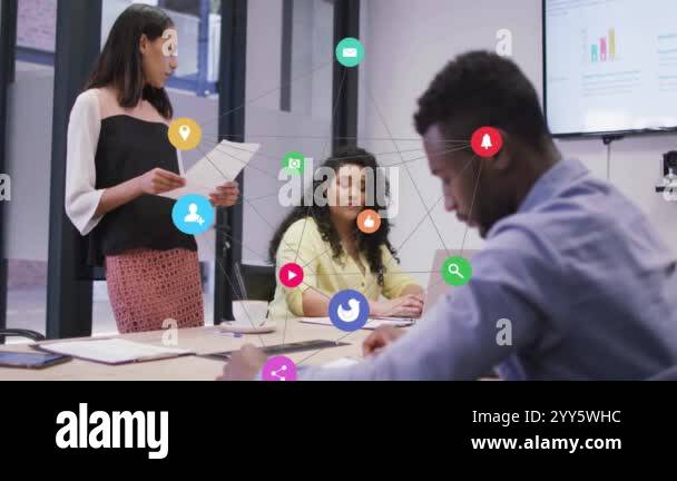 Collaborating business team with social media icons and network ...