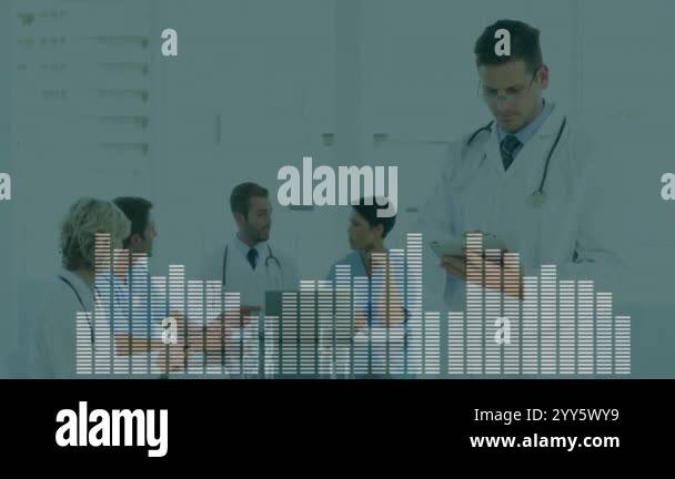 Medical professionals discussing patient data with bar chart animation ...