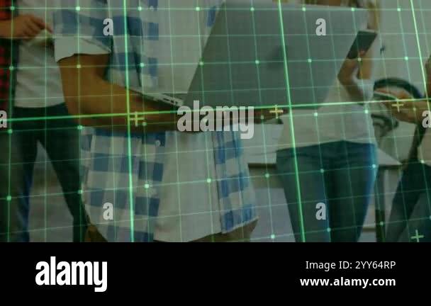 Grid pattern and data points animation over people using laptop ...