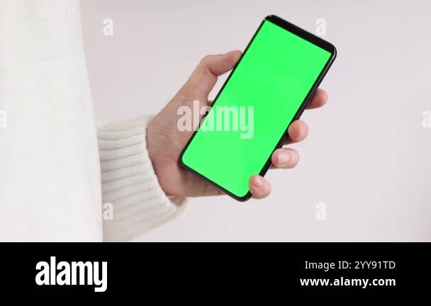 Mobile Phone With Green Screen Female Hands Holding Smartphone With