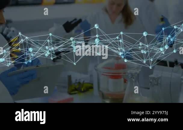 Lab Sample Processing Animation Scientists in laboratory, processing data and network of connections ...