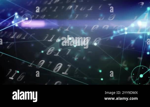 Animating binary code and network connections over dark background ...