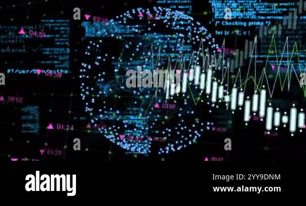 Processing financial data with animation over digital code and graphs ...