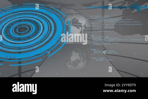 Global data processing animation over world map and coding interface ...