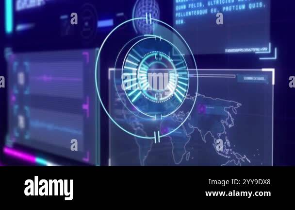 Futuristic data processing animation over digital world map and charts ...