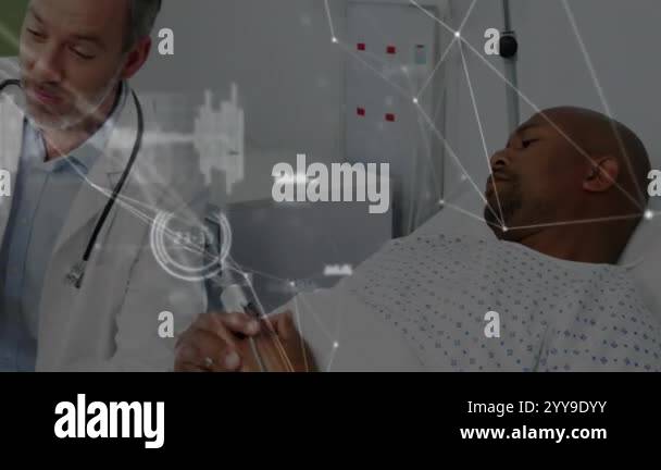 Doctor examining patient with data visualization animation over medical ...