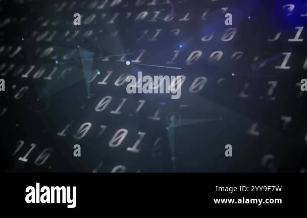 Animating binary code and network connections over dark background ...
