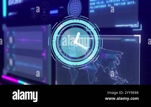 Digital clock animation over futuristic data processing screens and ...