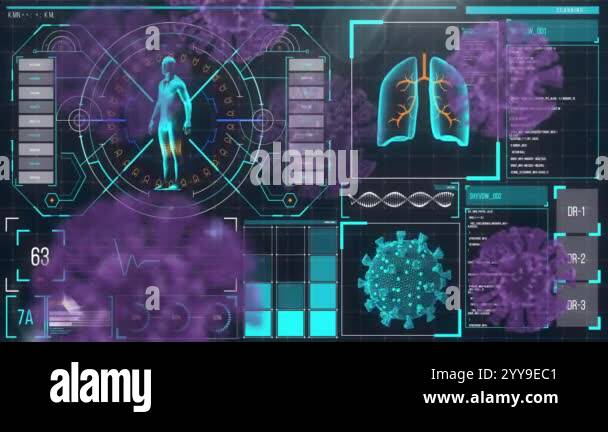 Medical data and virus analysis animation over human body and lungs ...