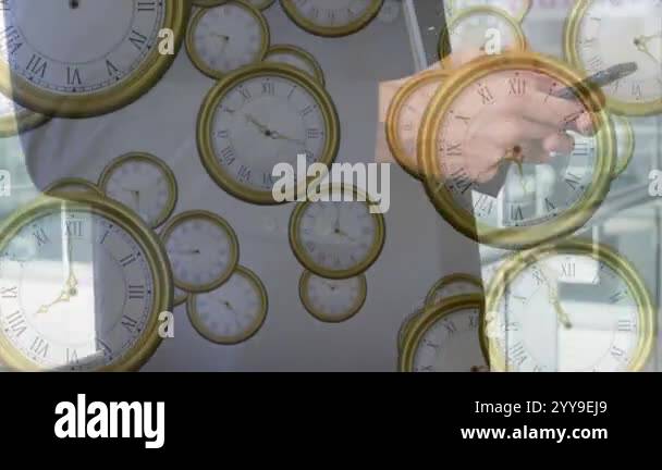Holding smartphone, businessperson surrounded by ticking clocks ...