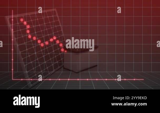 Declining graph animation over solar panel and battery in red ...