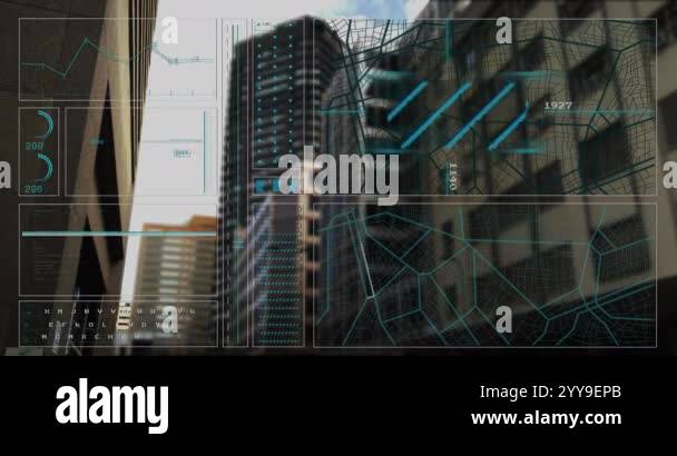 Futuristic data visualization animation over urban cityscape with ...