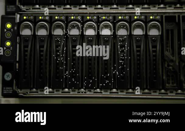 Data processing animation over server rack with blinking lights in data ...