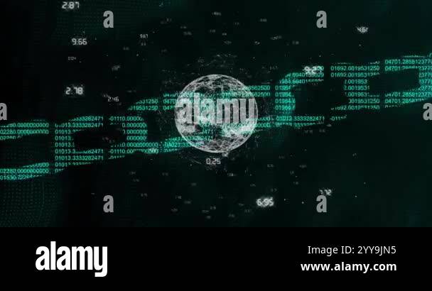 Rotating globe with binary coding and data processing animation ...