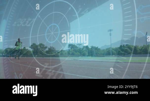 Running athlete on track with speed and performance data animation ...