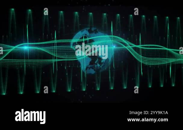 Globe with digital waves and data processing animation over dark ...