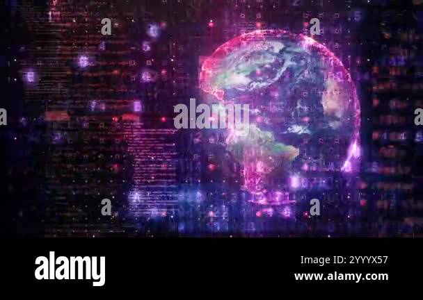 Animated digital globe featuring binary code overlay and world map ...
