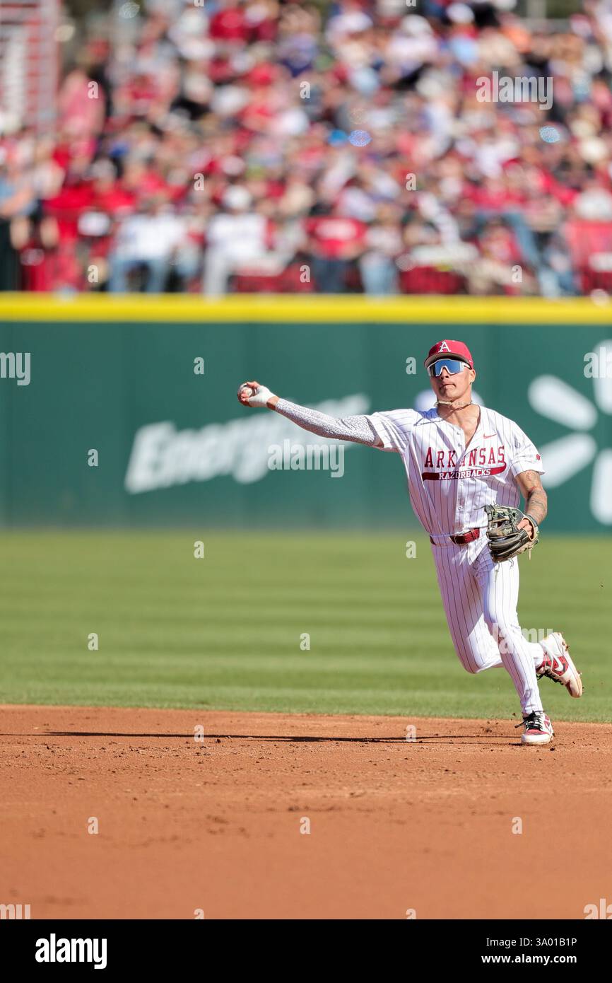 March 1, 2025: Razorback infielder Wehiwa Aloy (9) prepares to make a ...