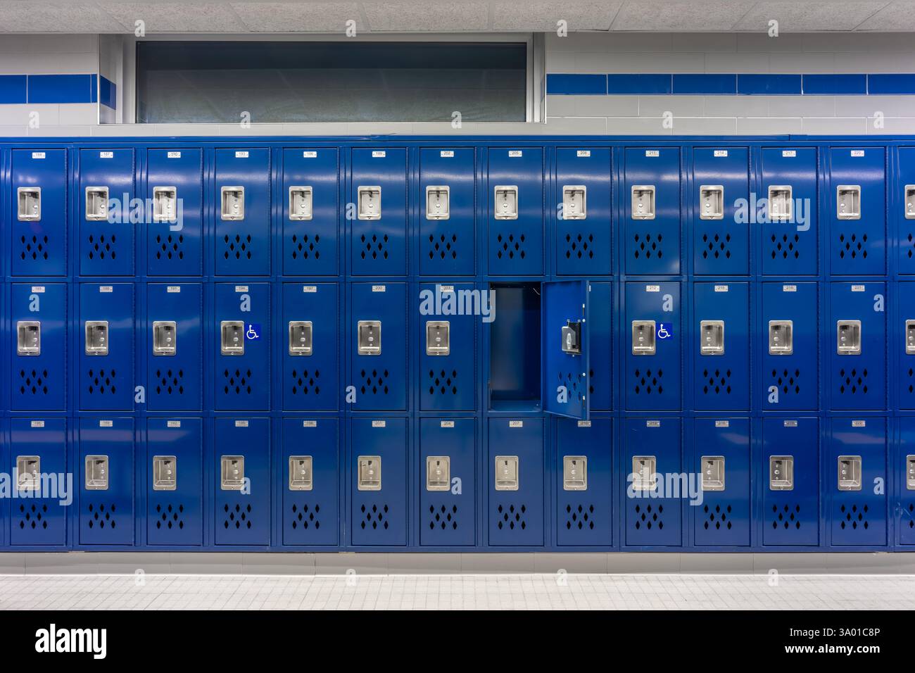 Empty team locker room, changing room, with an open locker, with traditional blue metal lockers. Stock Photo